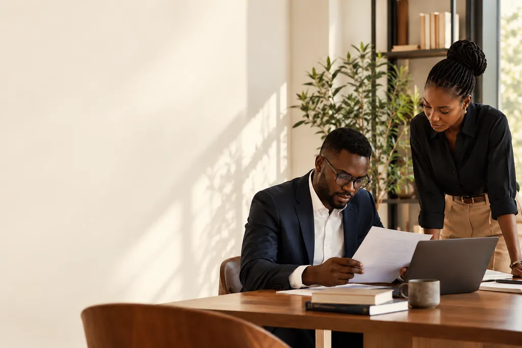 Two professionals reviewing documents together in a naturally lit workspace.